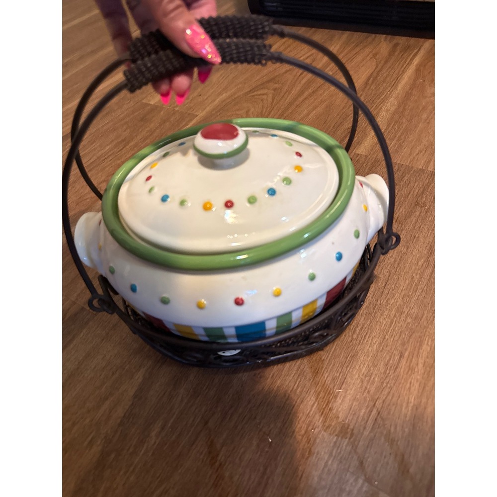 Multicolor Striped Ceramic Bean Pot Tureen with Lid and Metal Wire Basket Carry - Picture 3 of 6